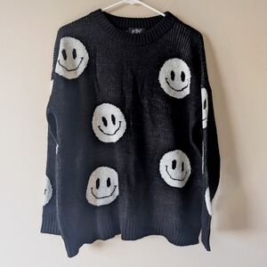Just Polly Women's Black Smiley Face Sweater Size Small